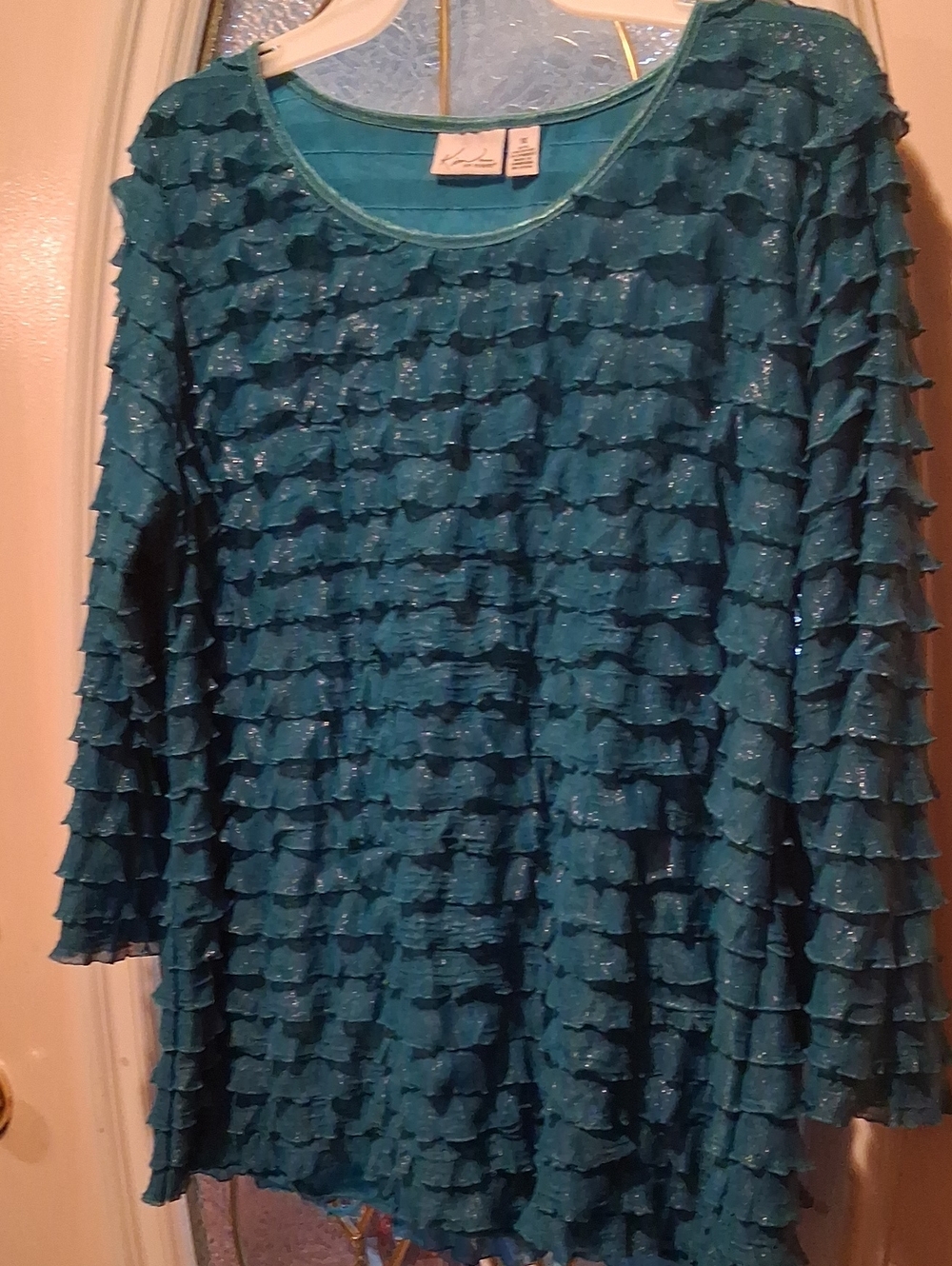 Kim Rogers Love Tree Teal Ruffle Long Sleeve Tunic